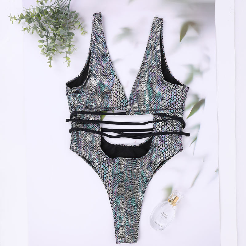 2023 Women's Alluring Lace-Up One-Piece Swimsuit with Straps - A Sexy and Stylish Choice for Summer.
