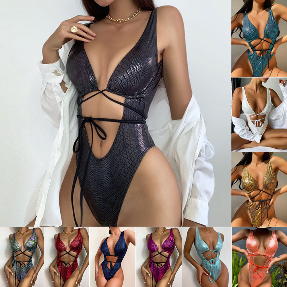 2023 Women's Alluring Lace-Up One-Piece Swimsuit with Straps - A Sexy and Stylish Choice for Summer.